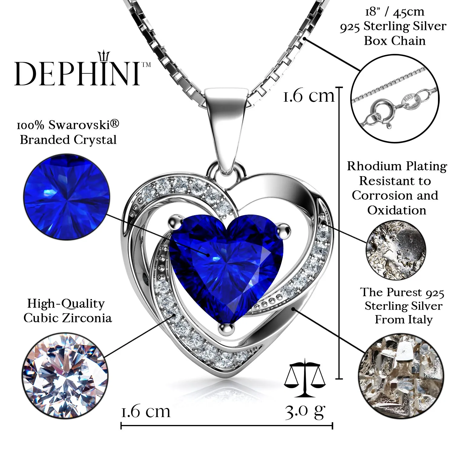 DEPHINI Blue Heart Necklace - 925 Sterling Silver Heart Pendant CZ