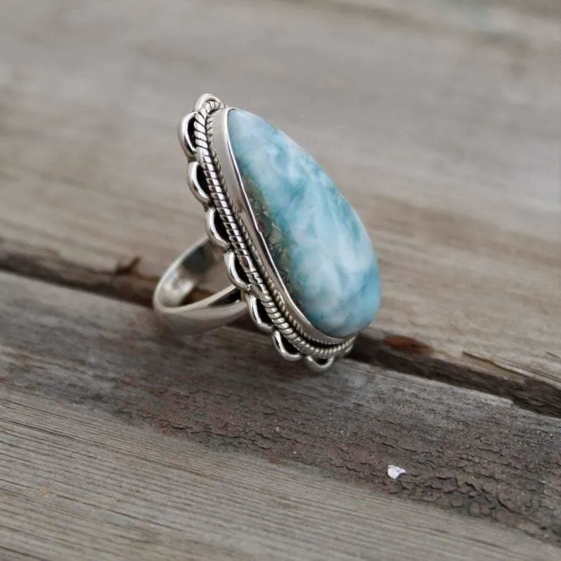 Dominican Larimar ring, silver larimar ring, sky blue gemstone, larimar boho ring, blue gemstone ring, anniversary gift, Promise ring, Statement Ring