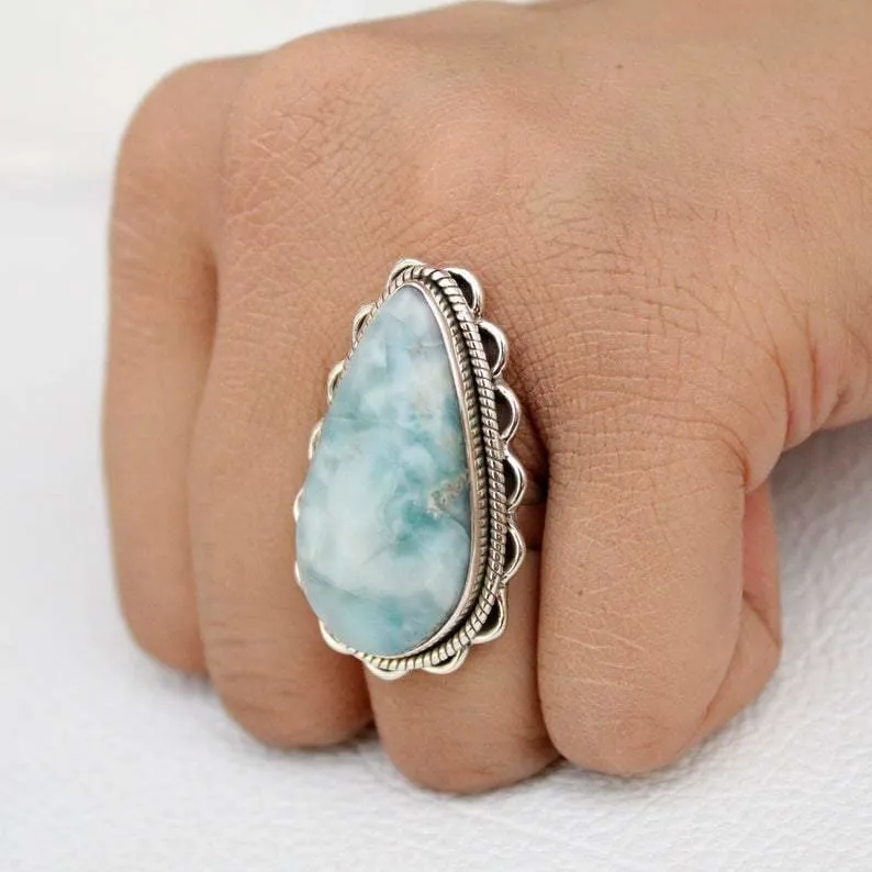 Dominican Larimar ring, silver larimar ring, sky blue gemstone, larimar boho ring, blue gemstone ring, anniversary gift, Promise ring, Statement Ring