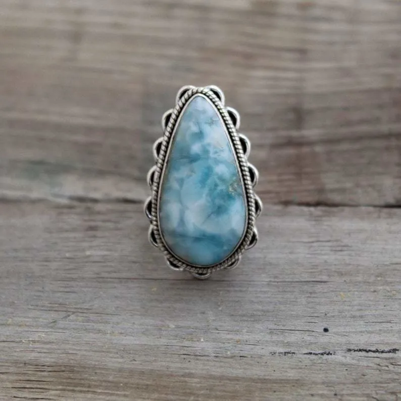 Dominican Larimar ring, silver larimar ring, sky blue gemstone, larimar boho ring, blue gemstone ring, anniversary gift, Promise ring, Statement Ring