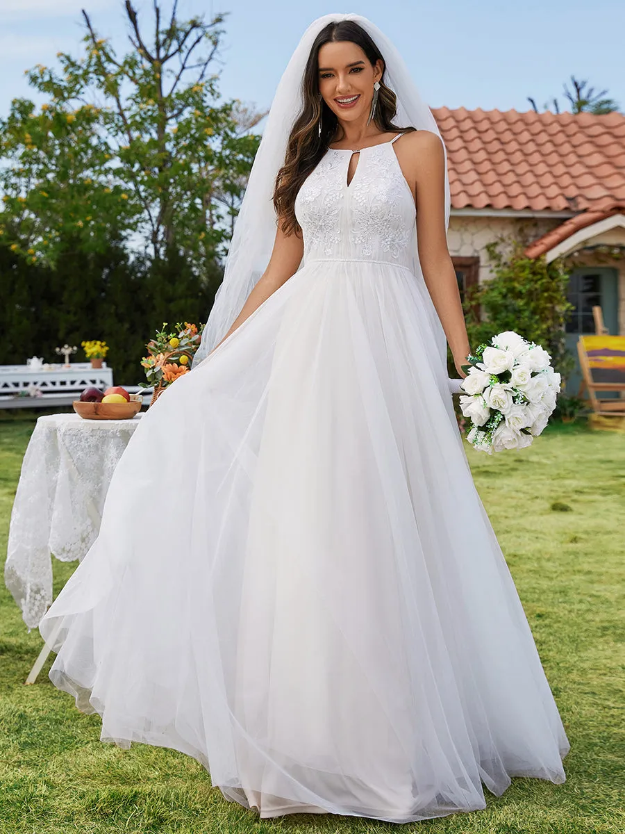 Elegant A-Line Floor Length Keyhole Neck Sleeveless Wedding Dress