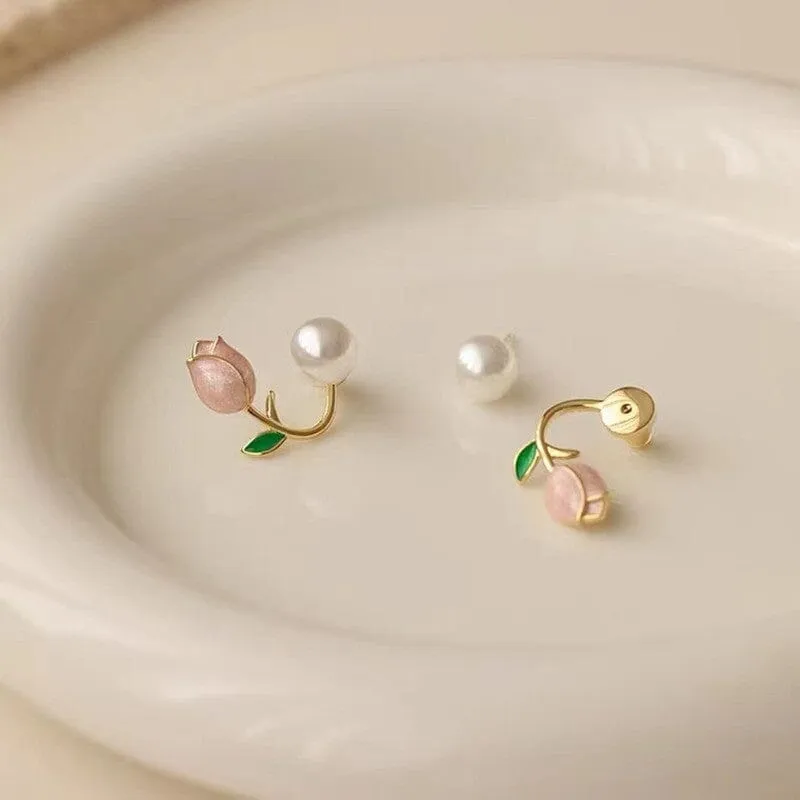 Elegant Fine Pearl Trend Summer Fresh Pink Flowers Stud Earrings