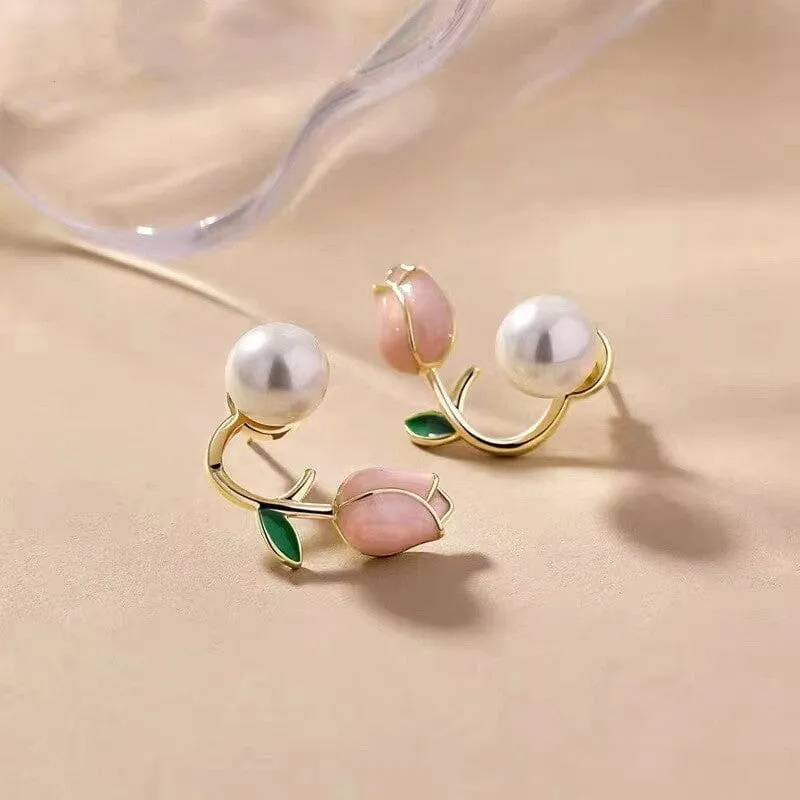 Elegant Fine Pearl Trend Summer Fresh Pink Flowers Stud Earrings