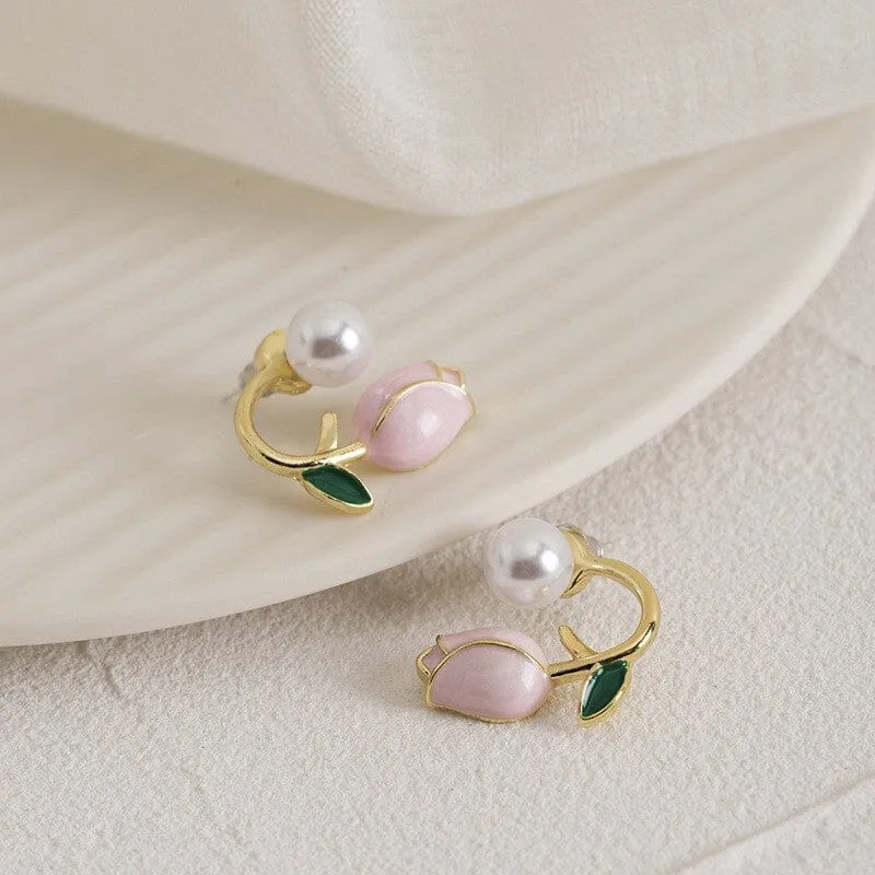 Elegant Fine Pearl Trend Summer Fresh Pink Flowers Stud Earrings