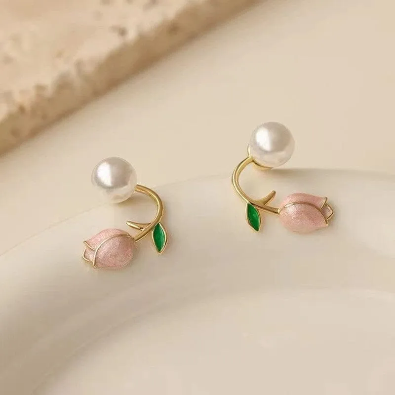 Elegant Fine Pearl Trend Summer Fresh Pink Flowers Stud Earrings