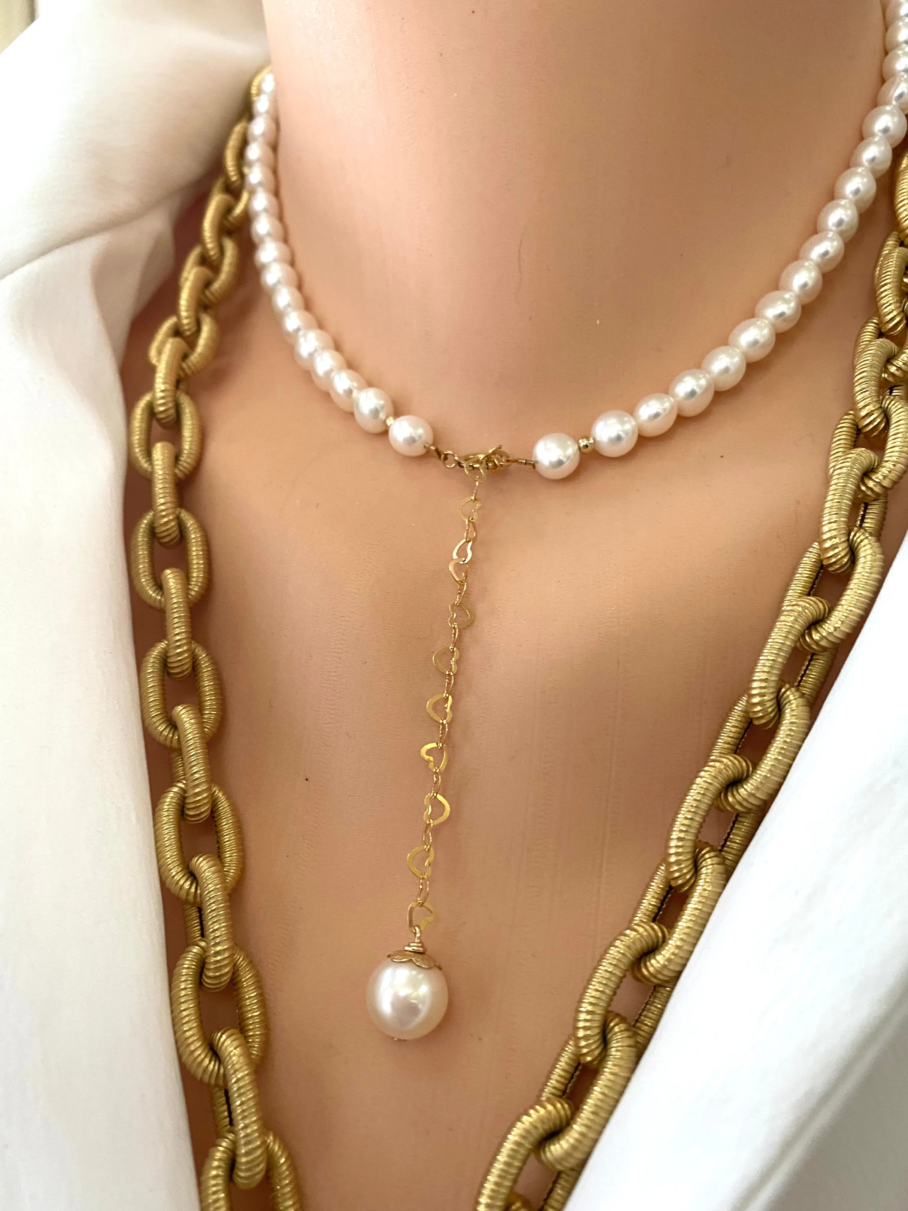 Elegant Freshwater Pearl Necklace w Gold Filled Heart Chain