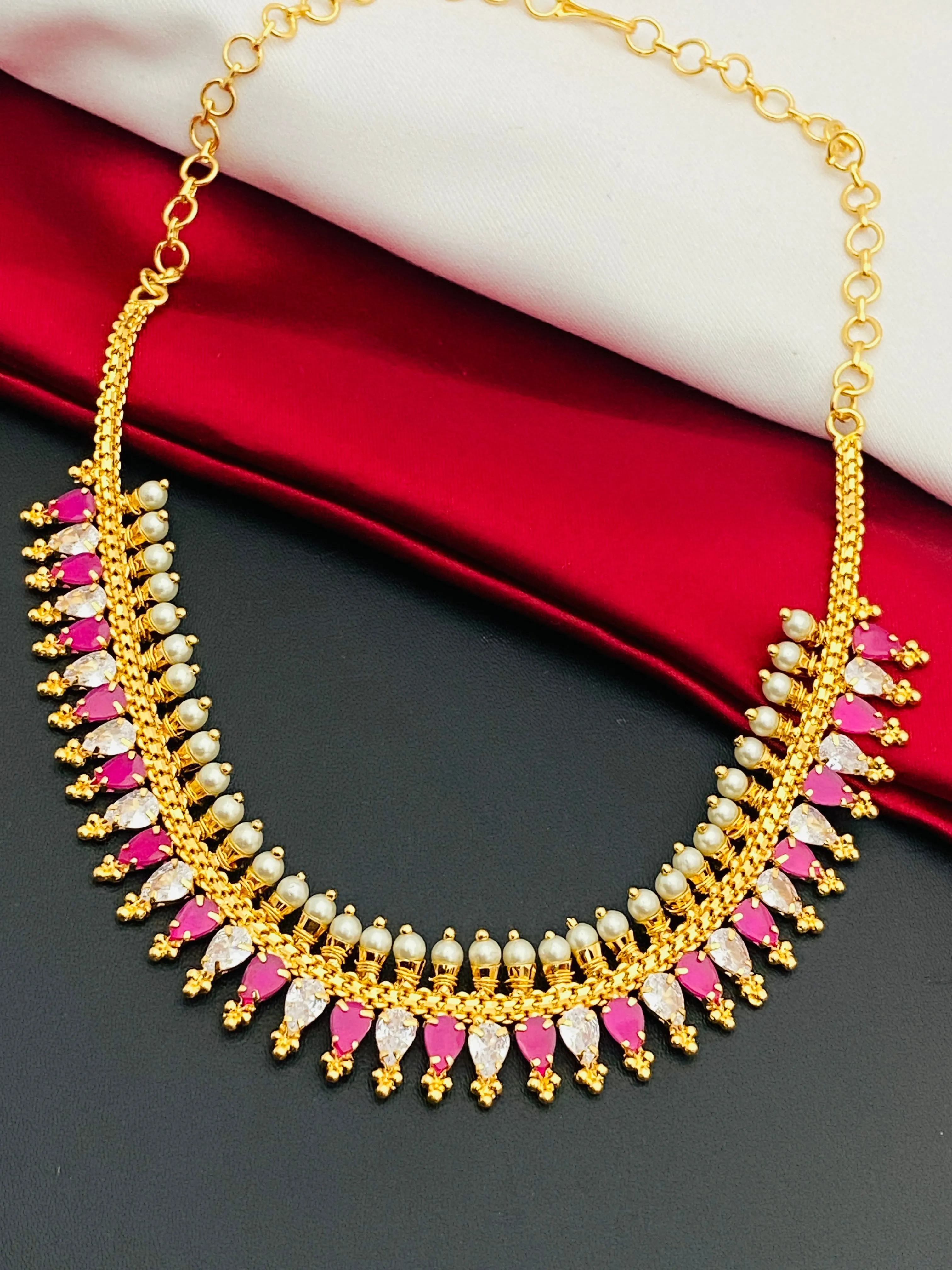 Elegant Gold Plated White With Pink Stoned Choker For Women