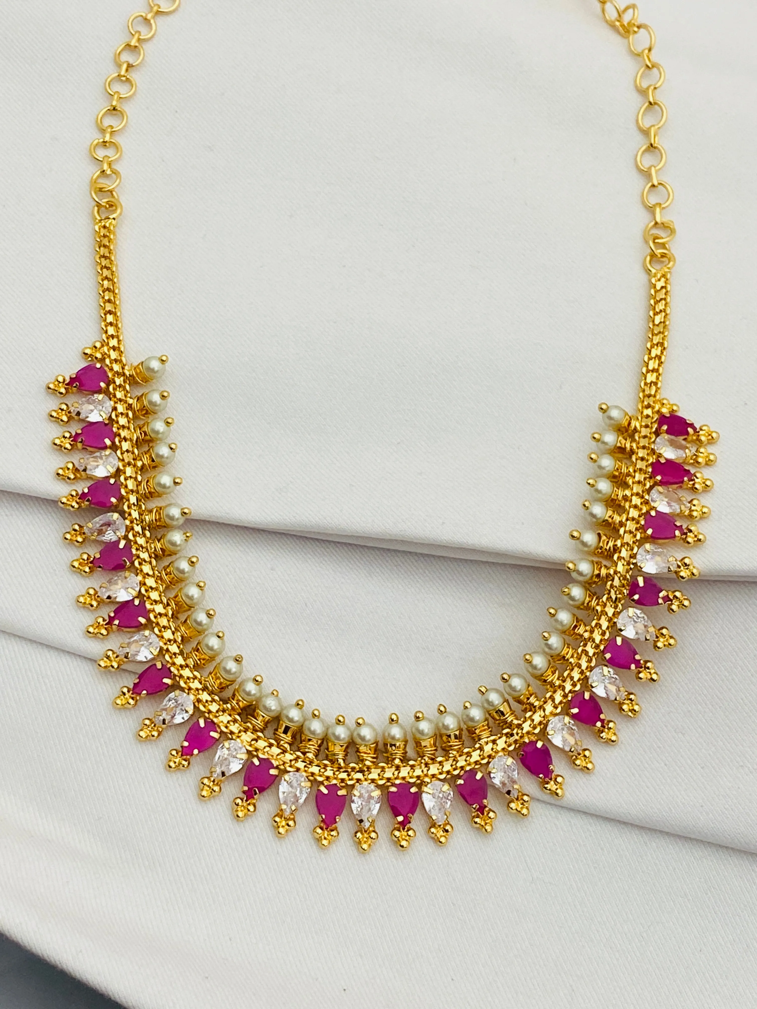 Elegant Gold Plated White With Pink Stoned Choker For Women