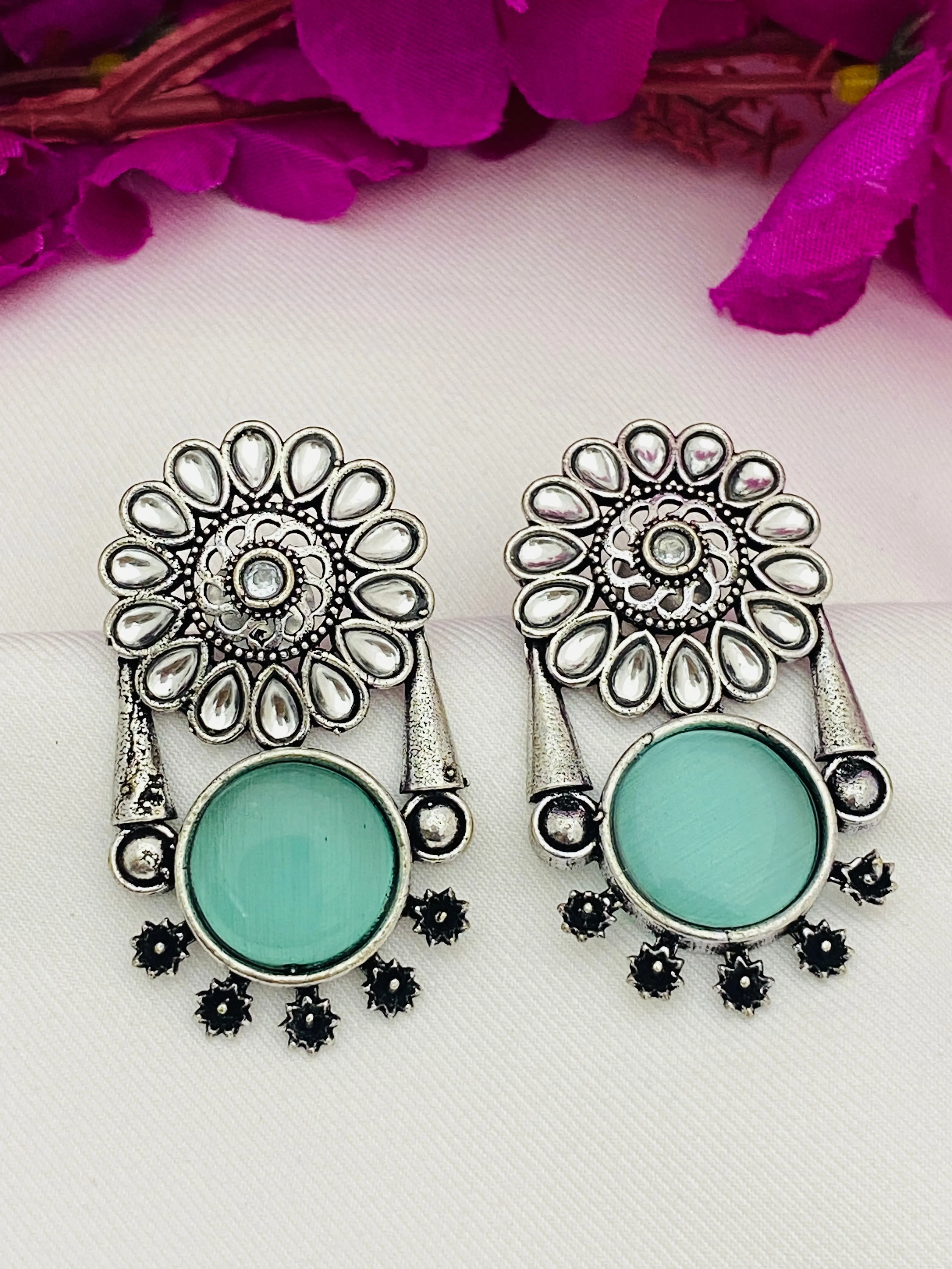 Elegant Light Blue Color Oxidized Flower And Round Designed Earrings