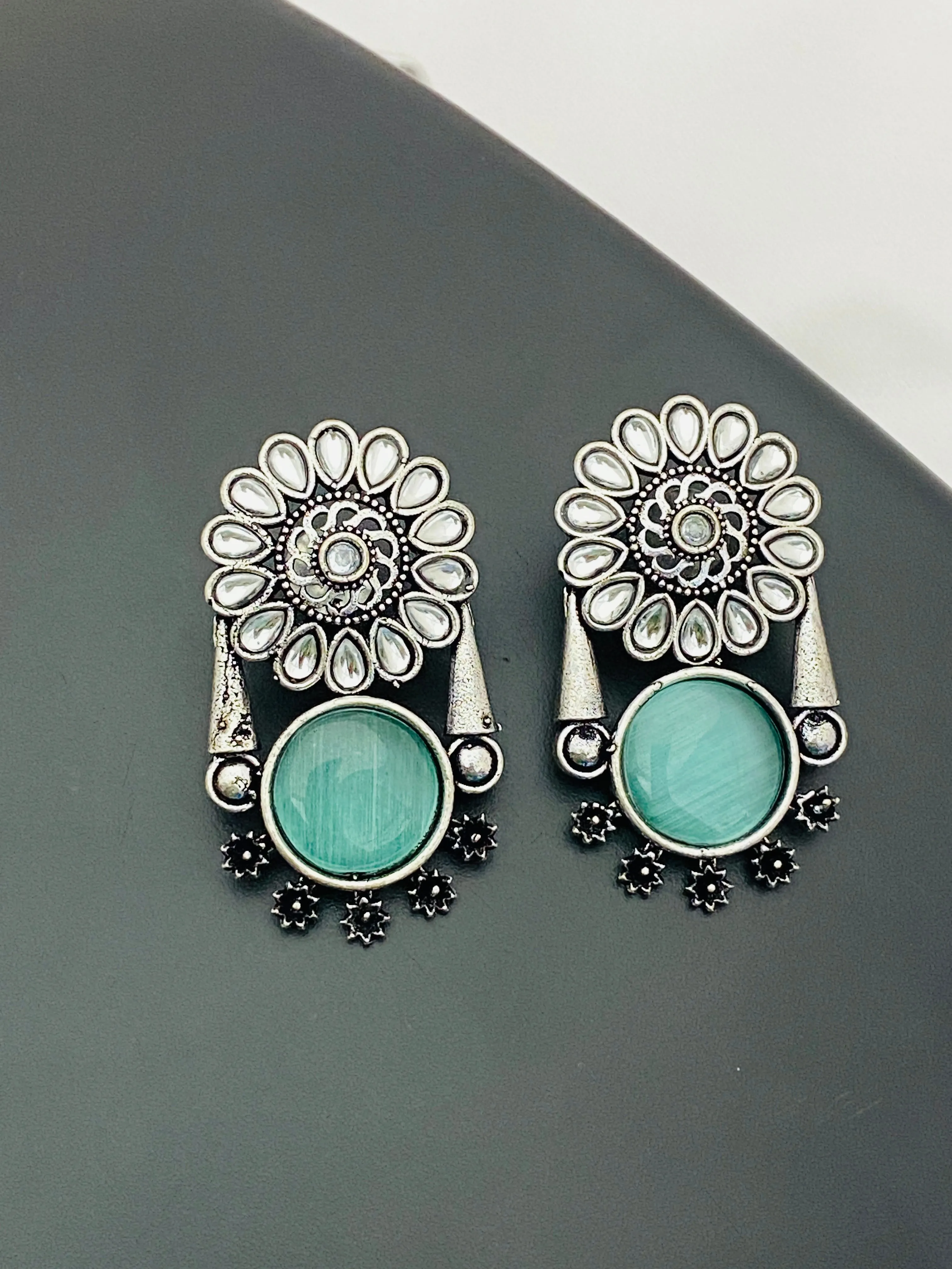 Elegant Light Blue Color Oxidized Flower And Round Designed Earrings