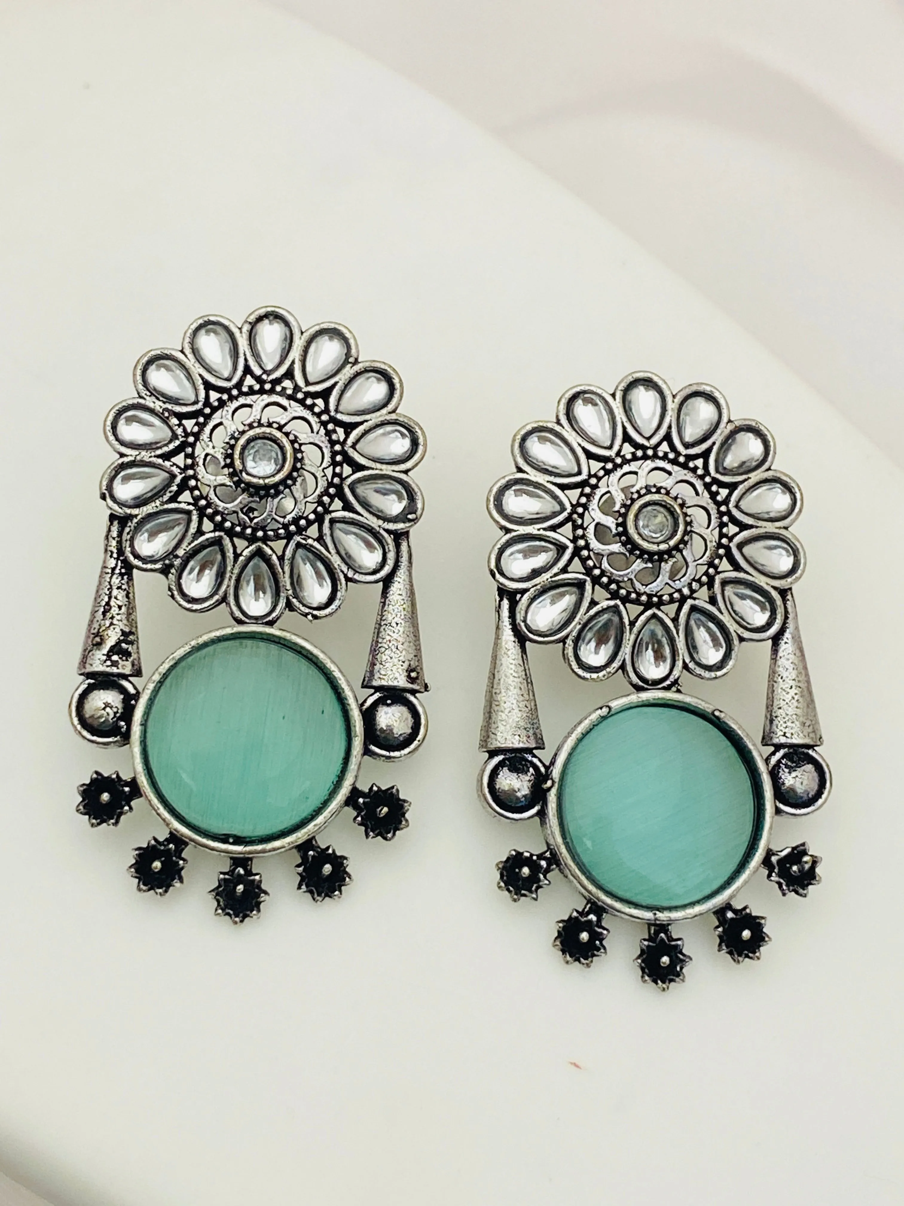 Elegant Light Blue Color Oxidized Flower And Round Designed Earrings