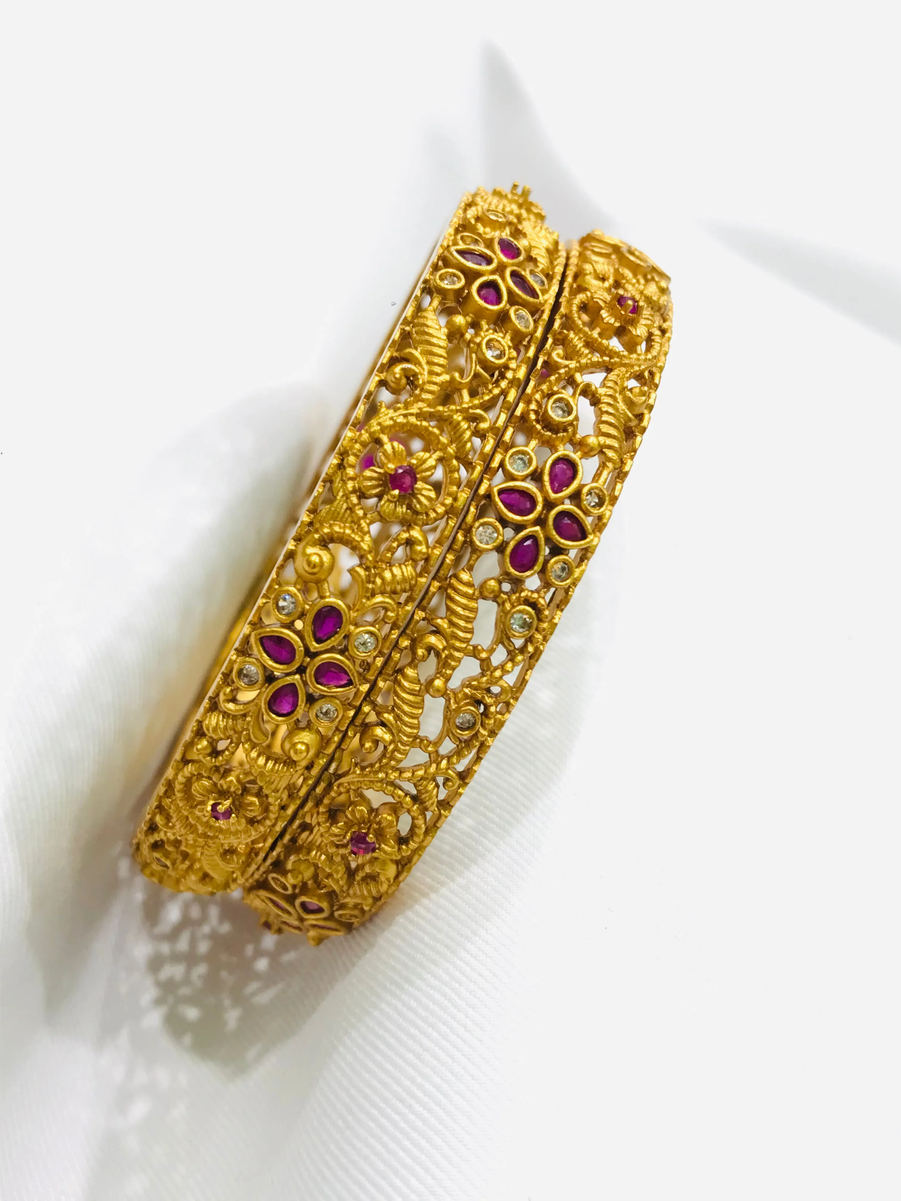 Elegant Matte Finished Antique Gold Bangle Set With Ruby Stones