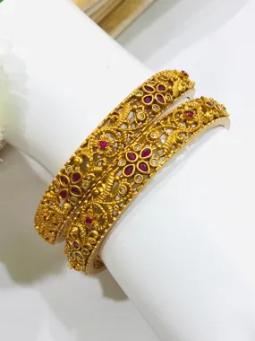 Elegant Matte Finished Antique Gold Bangle Set With Ruby Stones