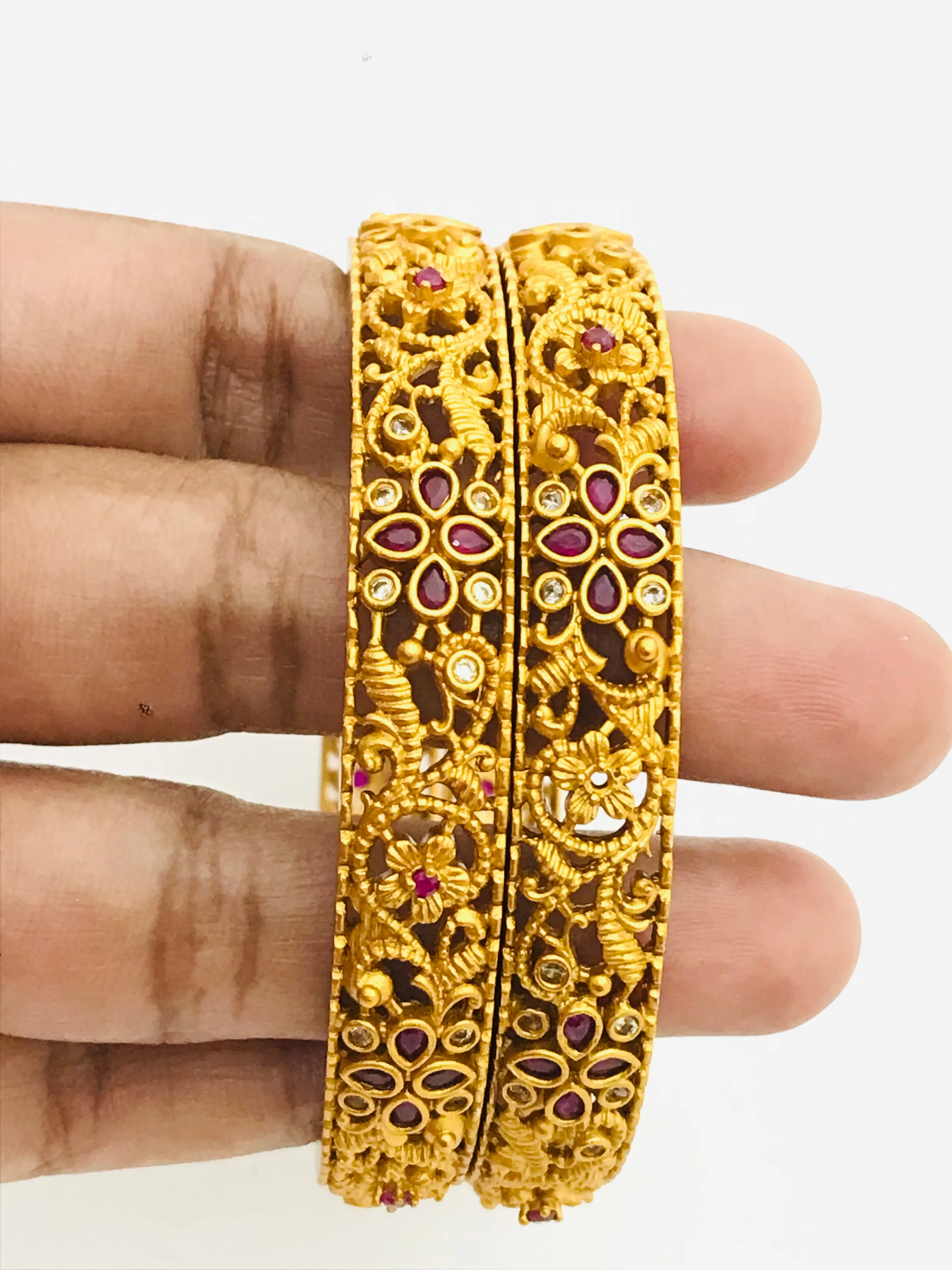 Elegant Matte Finished Antique Gold Bangle Set With Ruby Stones