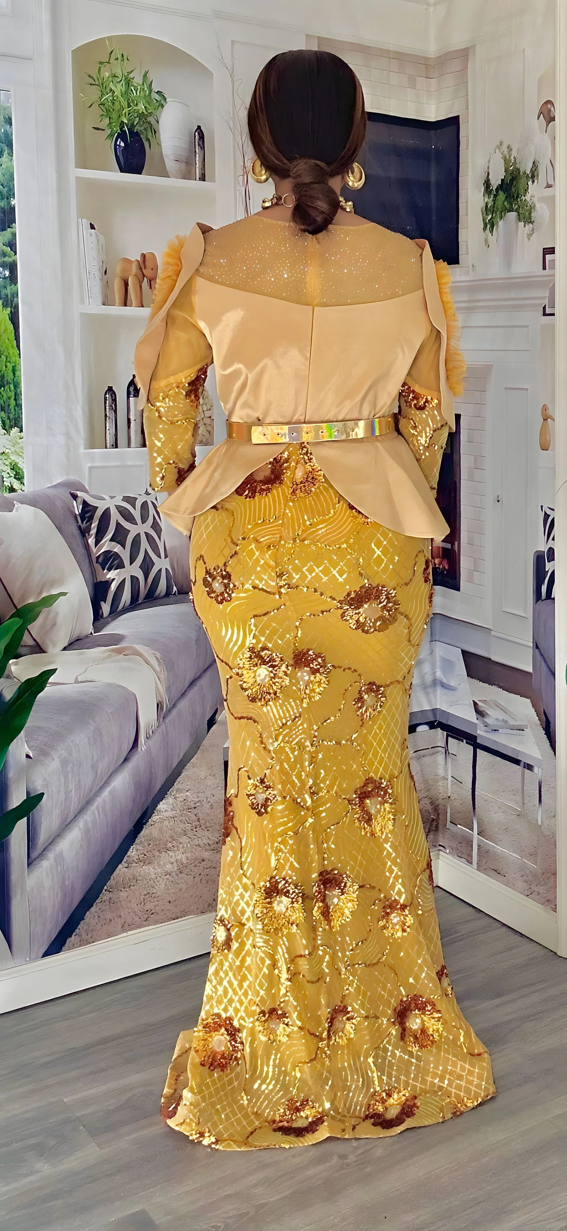 ELEGANT SEQUINS FLOOR LENGTH MAXI DRESS(GOLD/MUSTARD