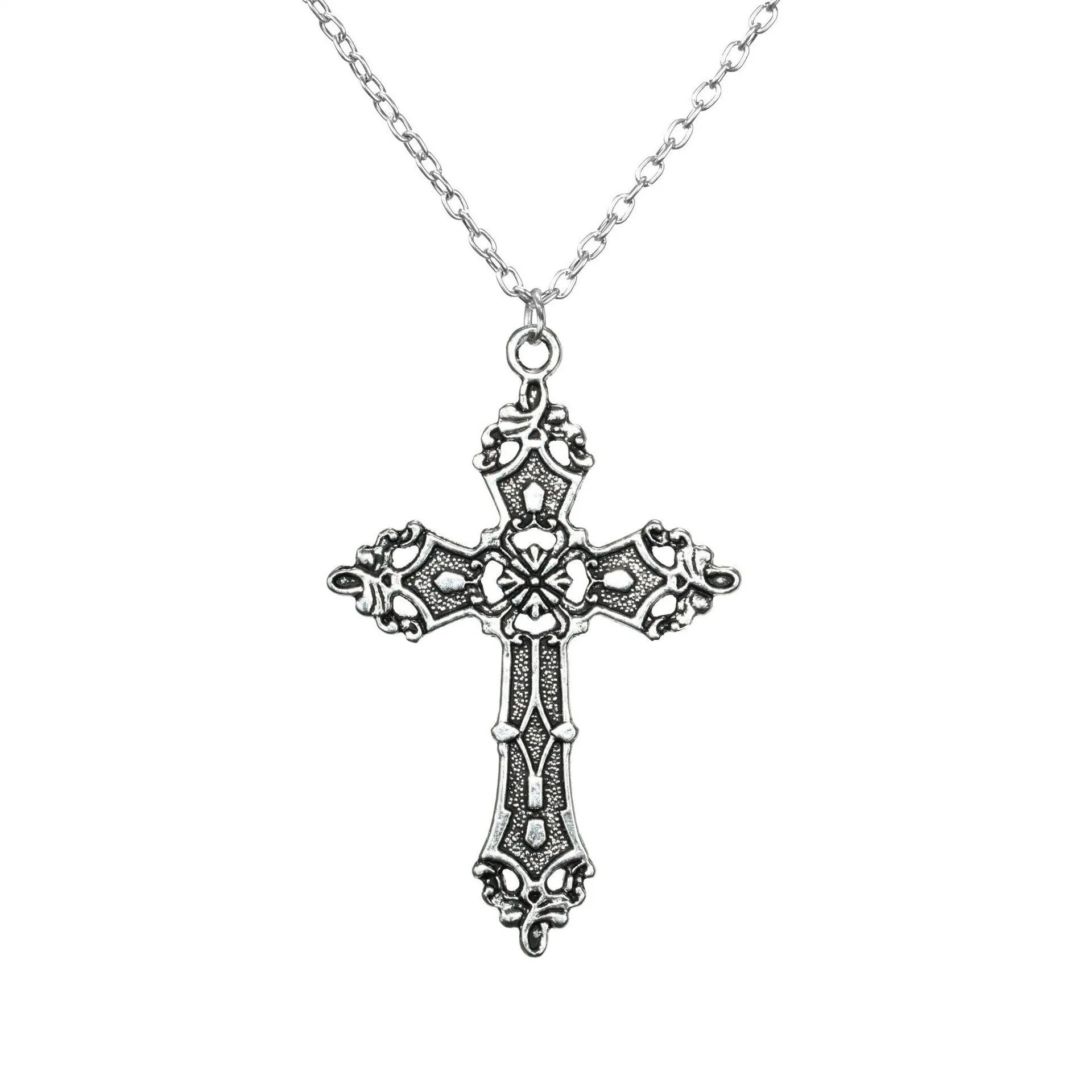 Elegant Silver Gothic Cross Pendant with Link Chain Necklace