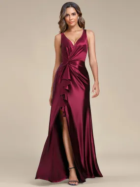 Elegant V Neck Split Ruffles Stain Evening Dresses