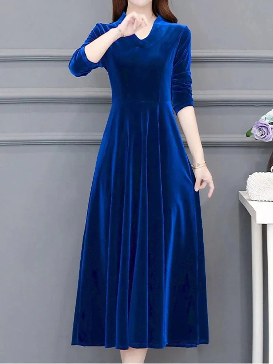 Elegant Velvet V-Neck Midi Dress with Ruched Detail