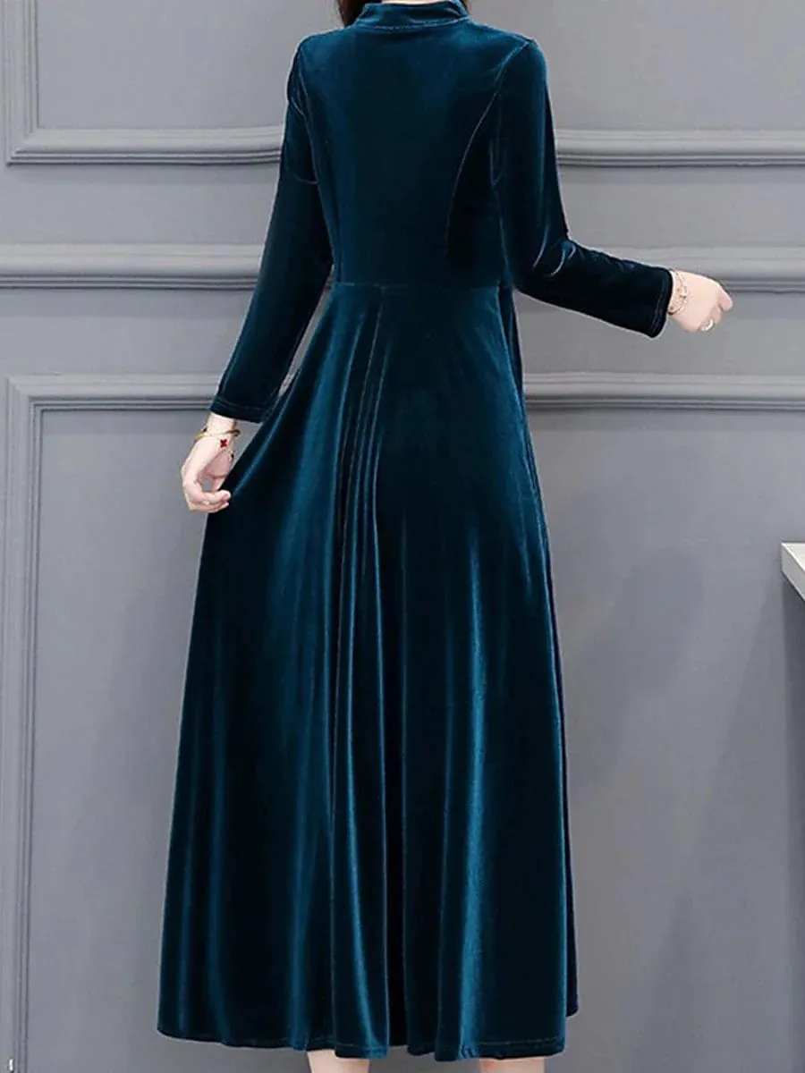 Elegant Velvet V-Neck Midi Dress with Ruched Detail