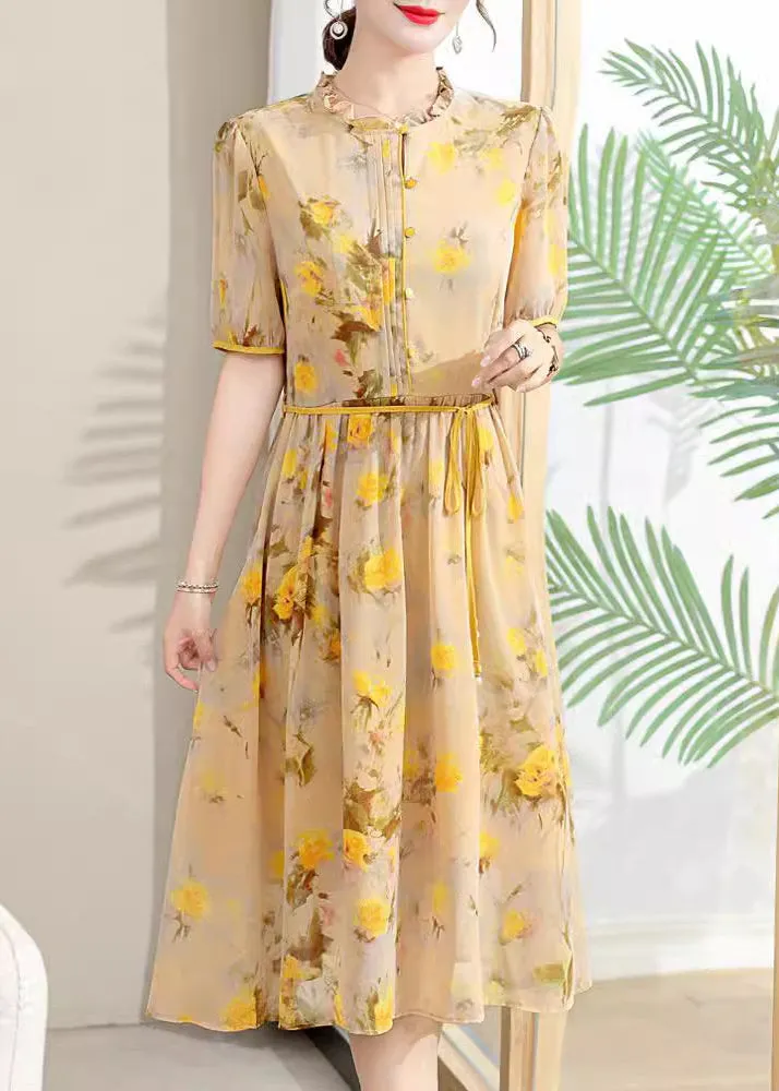 Elegant Yellow Ruffled Print Lace Up Chiffon Dresses Summer BB032