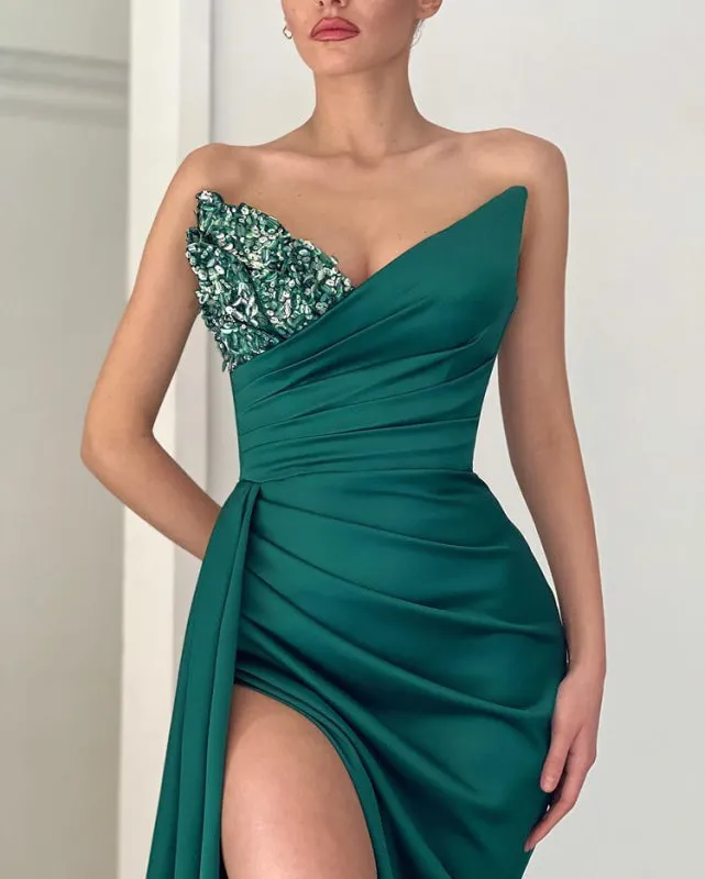 Emerald Mermaid V-Neck Long Prom Dress With Slit