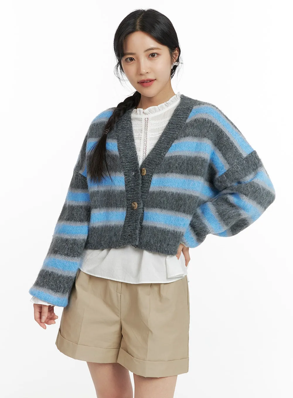 Fuzzy Stripe V-Neck Crop Cardigan OF419