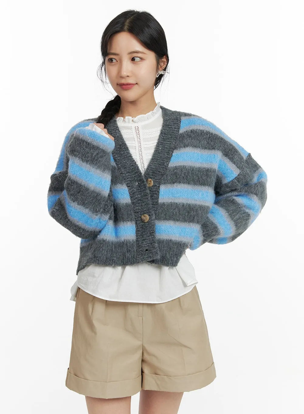 Fuzzy Stripe V-Neck Crop Cardigan OF419