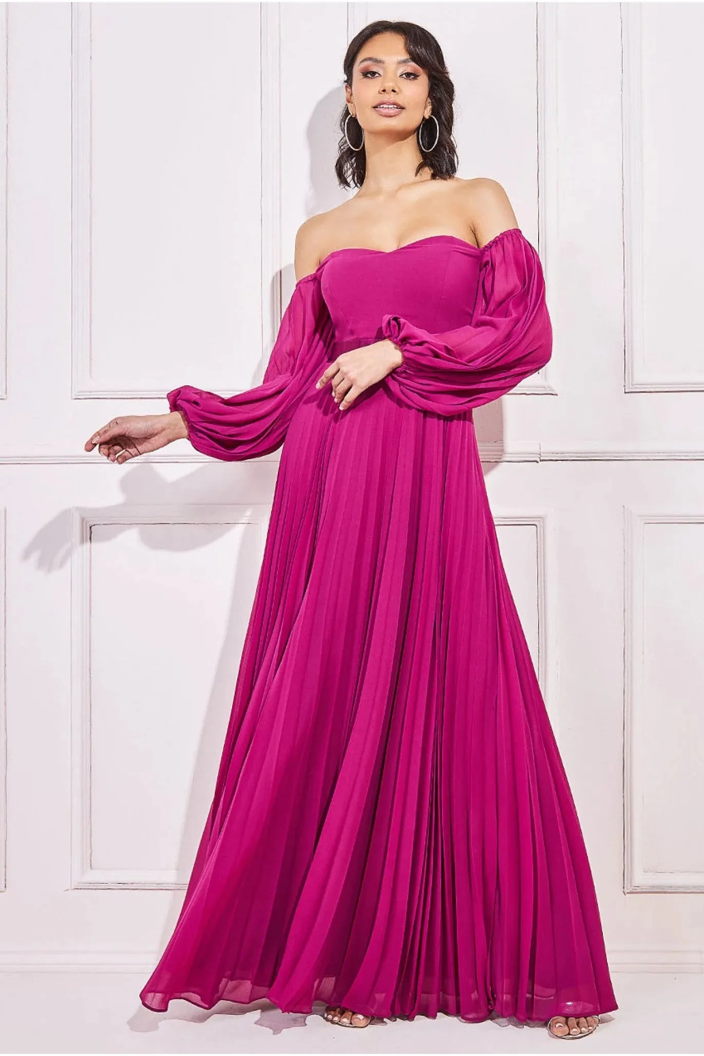 Goddiva Bardot Chiffon Pleated Maxi