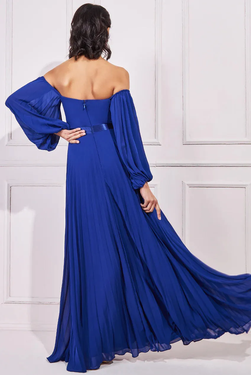 Goddiva Bardot Chiffon Pleated Maxi