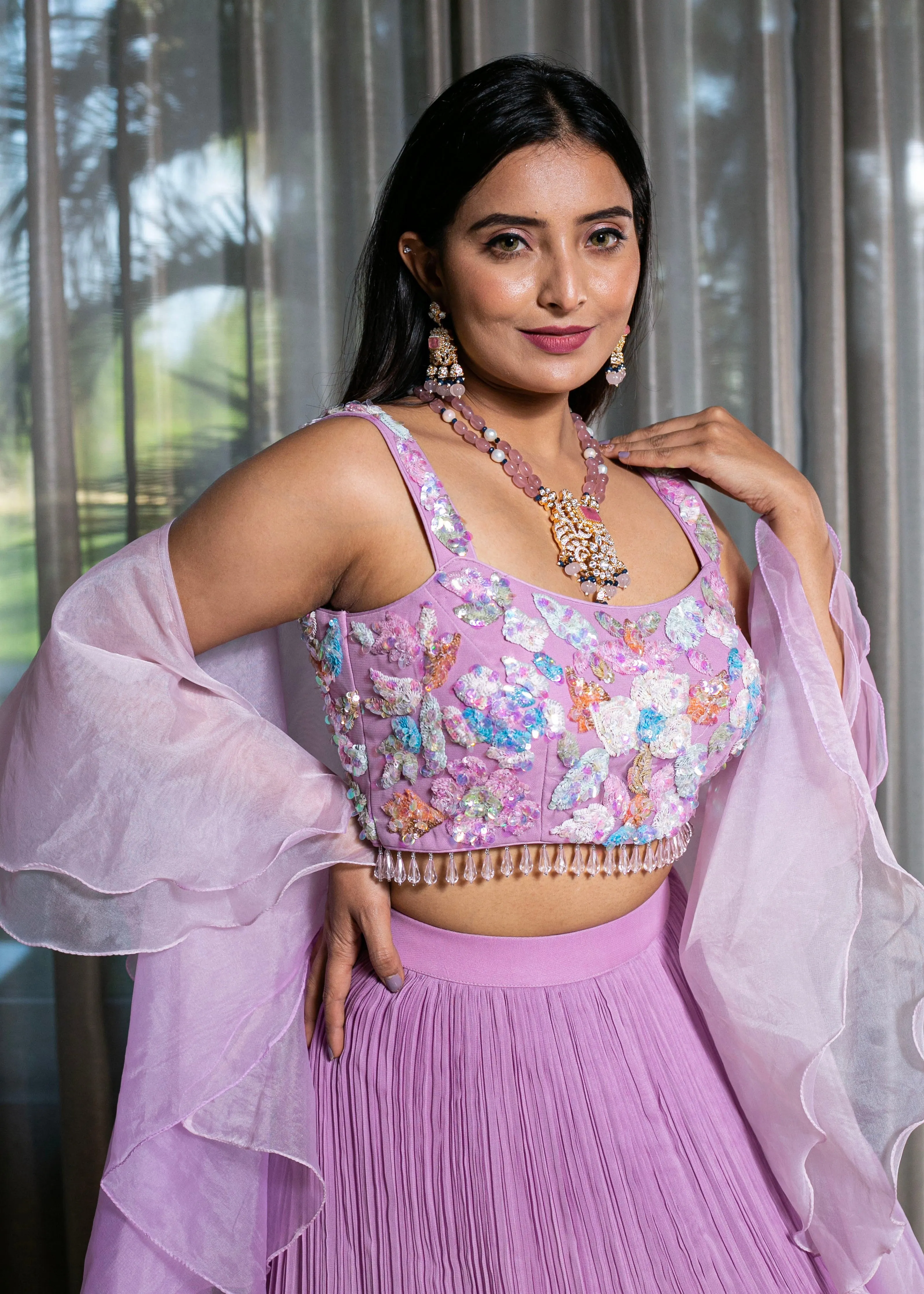 Handcrafted Lilac Lehenga with Multi-Color Sequence Blouse and Ruffle Organza Dupatta