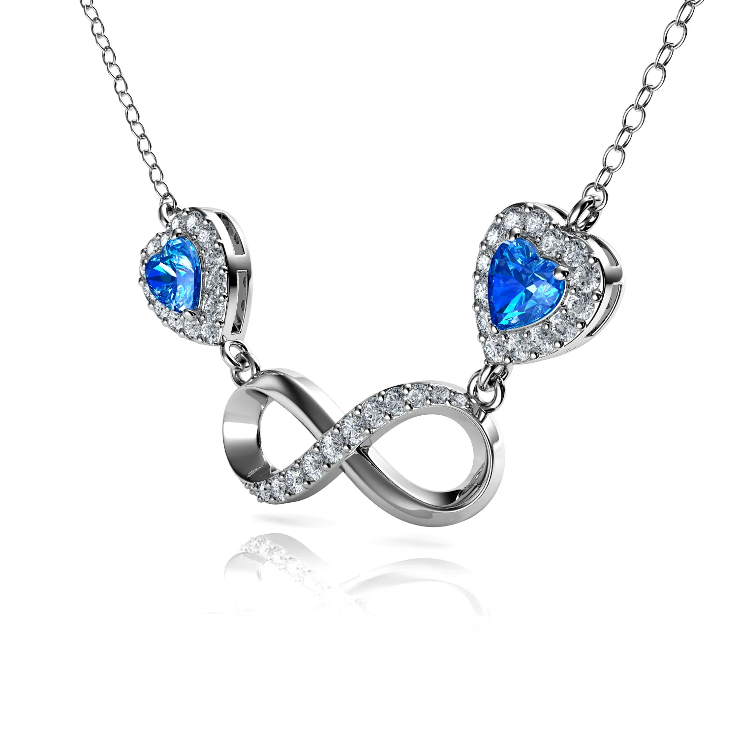 Infinity Necklace 925 Sterling Silver Pendant Blue Hearts CZ Crystals