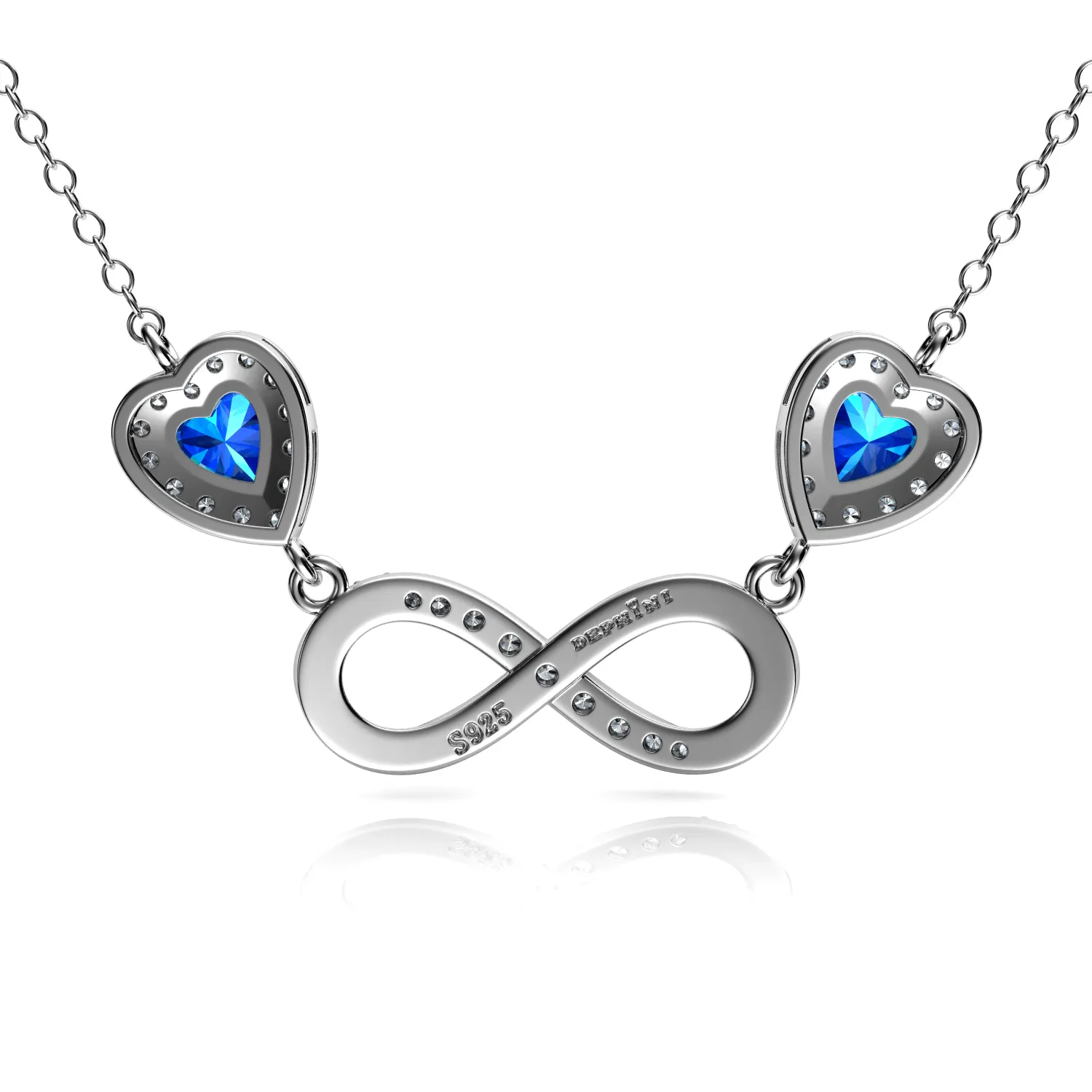 Infinity Necklace 925 Sterling Silver Pendant Blue Hearts CZ Crystals