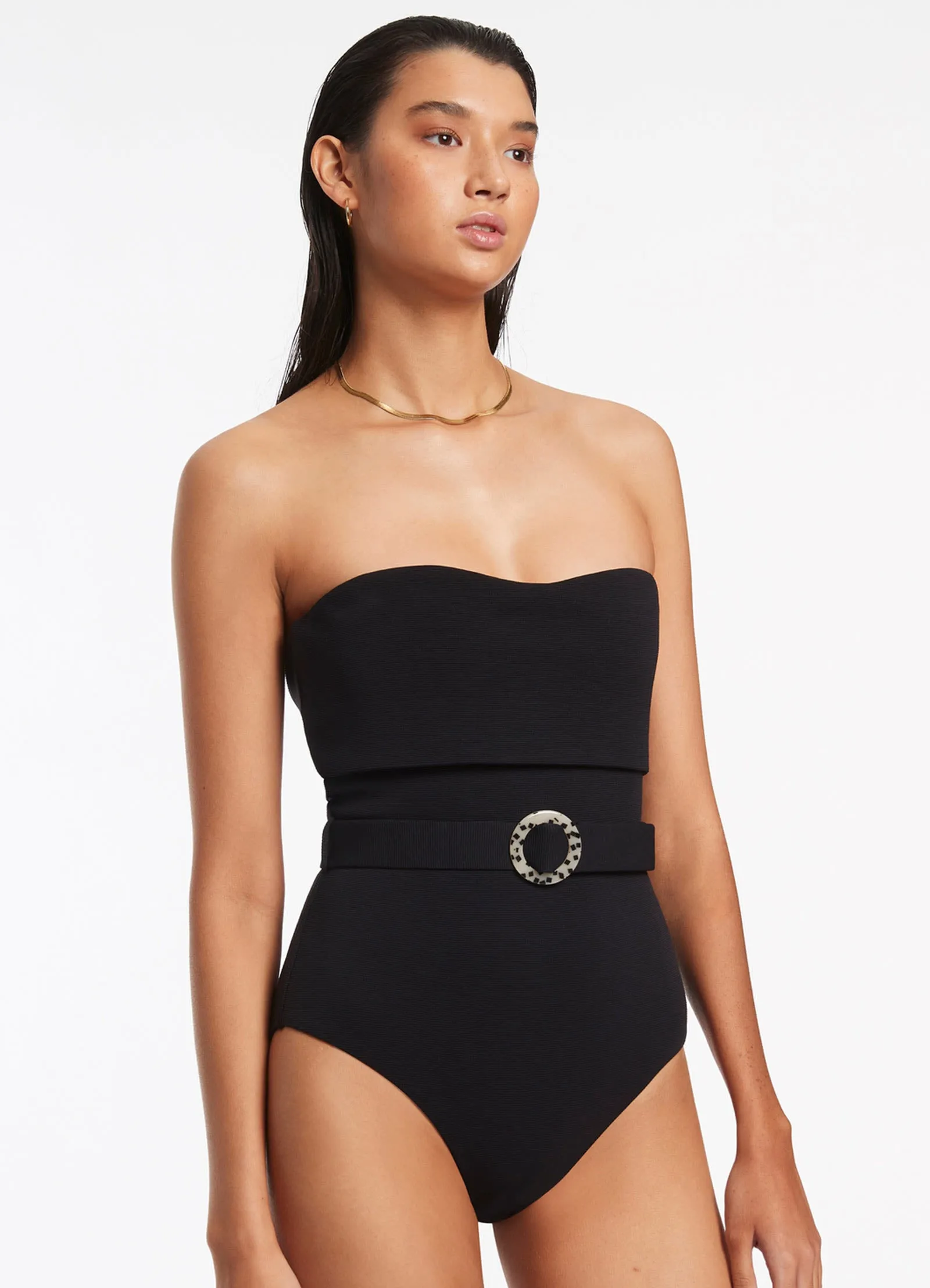 Isla Rib Fold Down Bandeau One Piece - Black