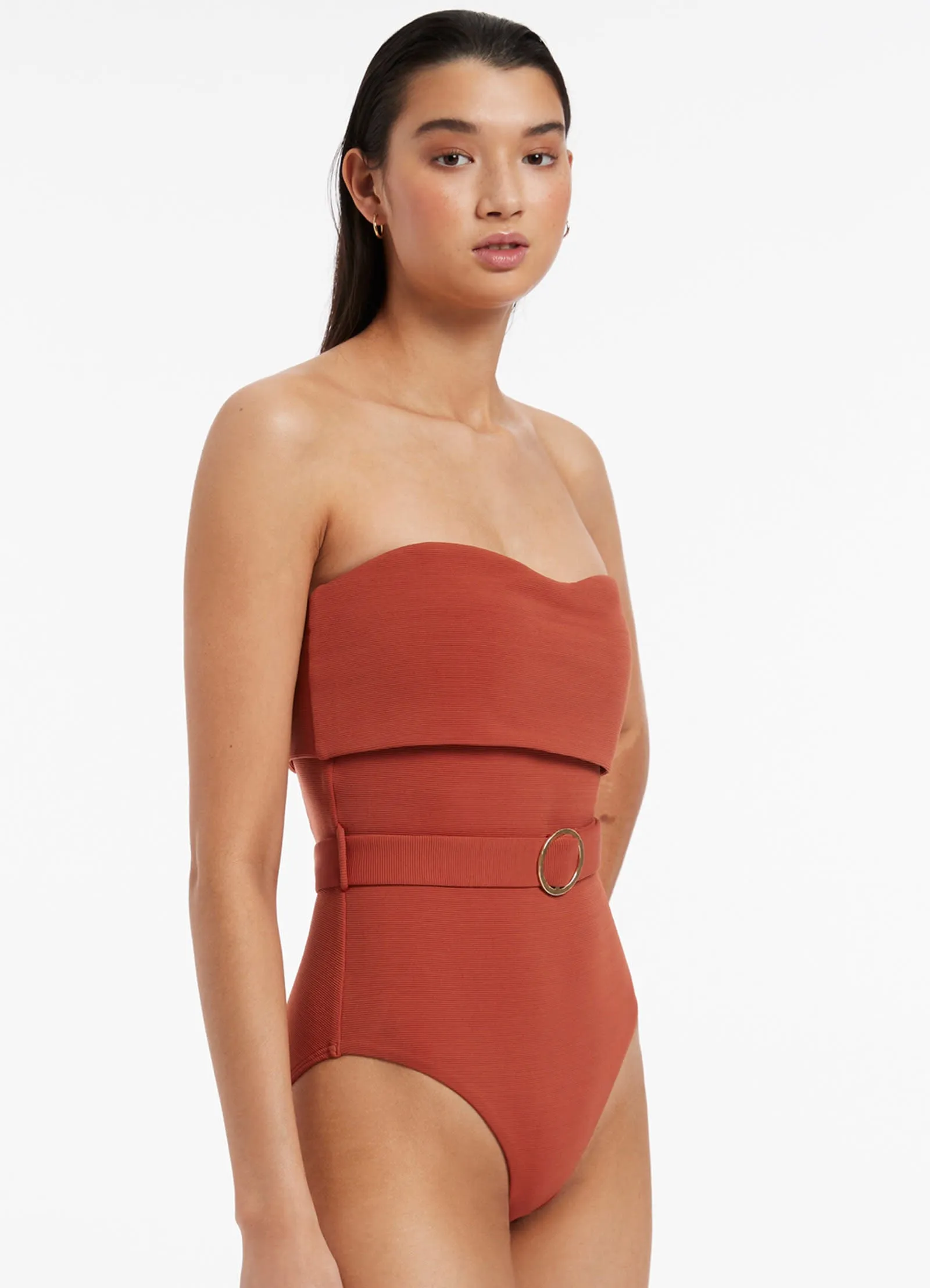 Isla Rib Fold Down Bandeau One Piece - Russet