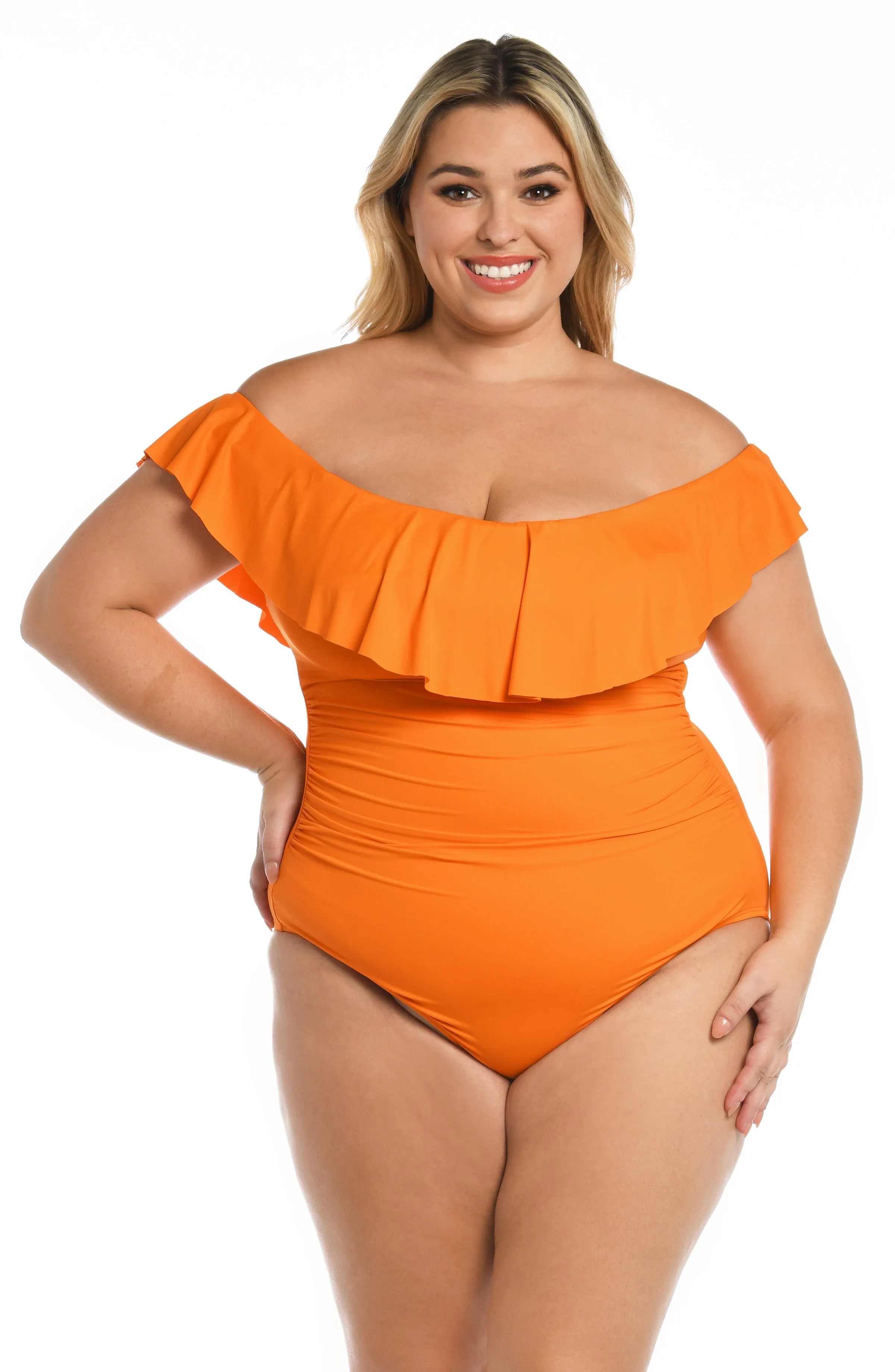 Island Goddess Off Shoulder Ruffle One Piece - Tangerine - FINAL SALE