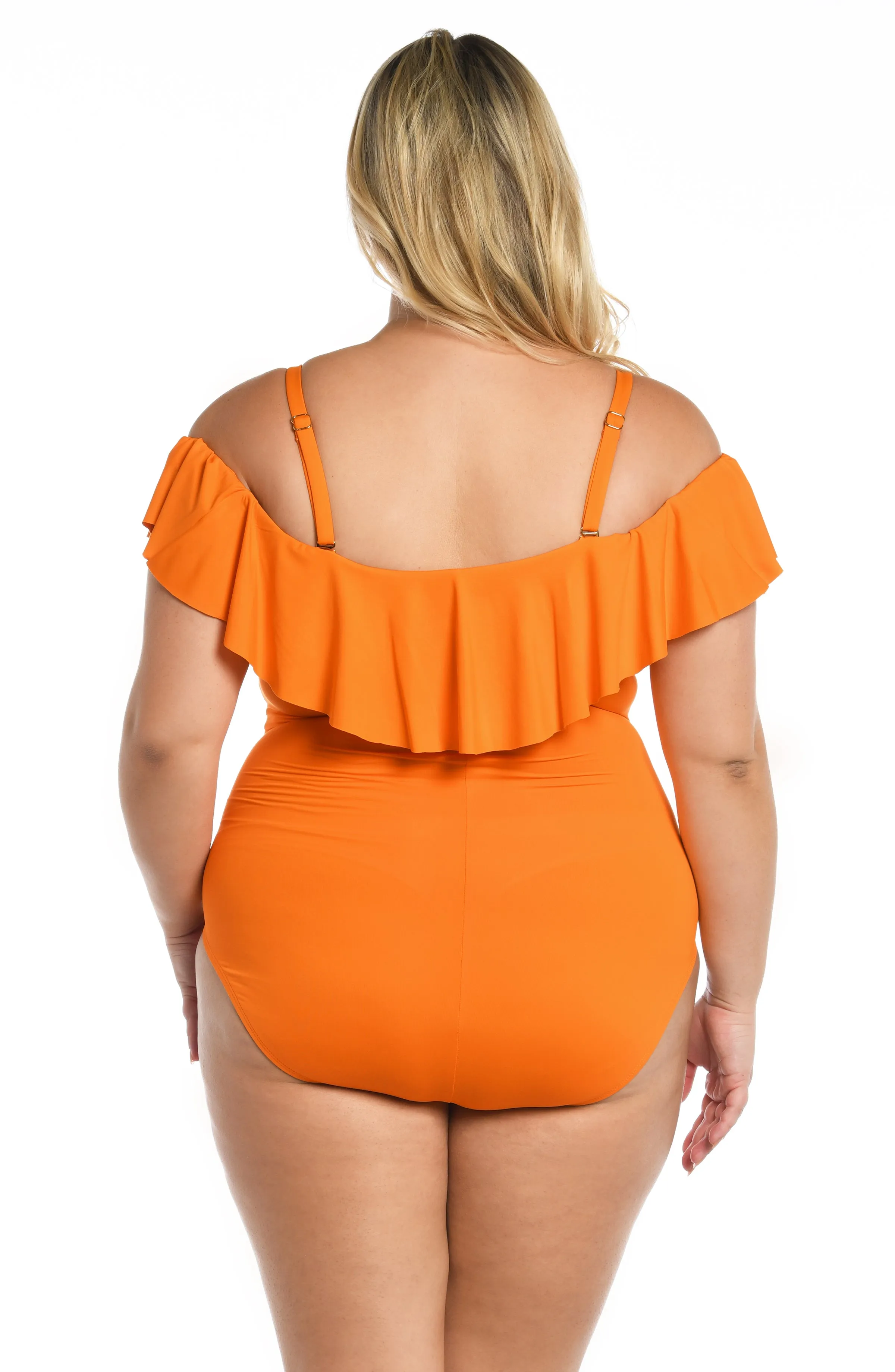 Island Goddess Off Shoulder Ruffle One Piece - Tangerine - FINAL SALE