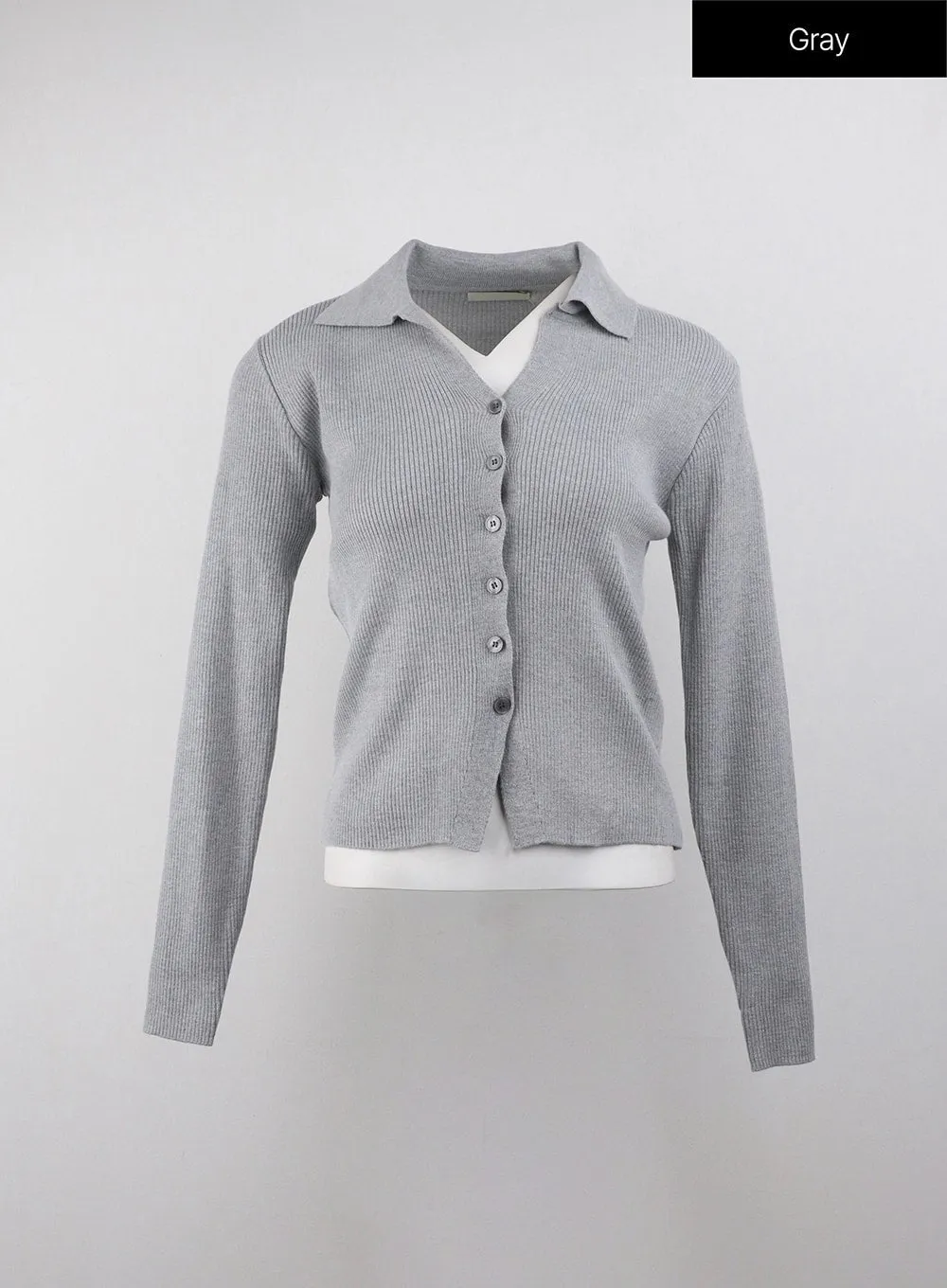 Knit Collar Solid Button Cardigan OJ415