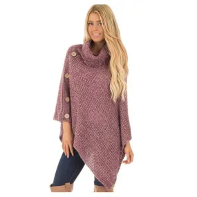 Knitted turtleneck cloak winter sweater Women Elegant button casual Oversize pullover