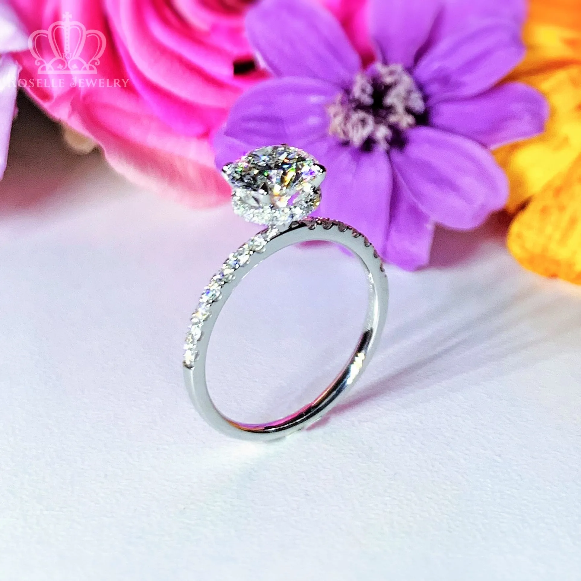 Lab Grown Side Stone Hidden Halo Diamond Engagement Ring - LGR010