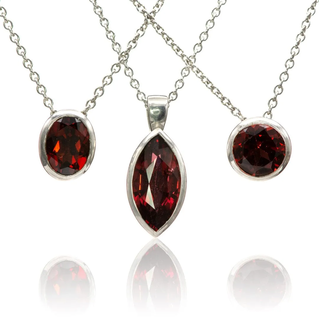 Marquise Garnet Sterling Silver Bezel Set Pendant Necklace, Ready to Ship