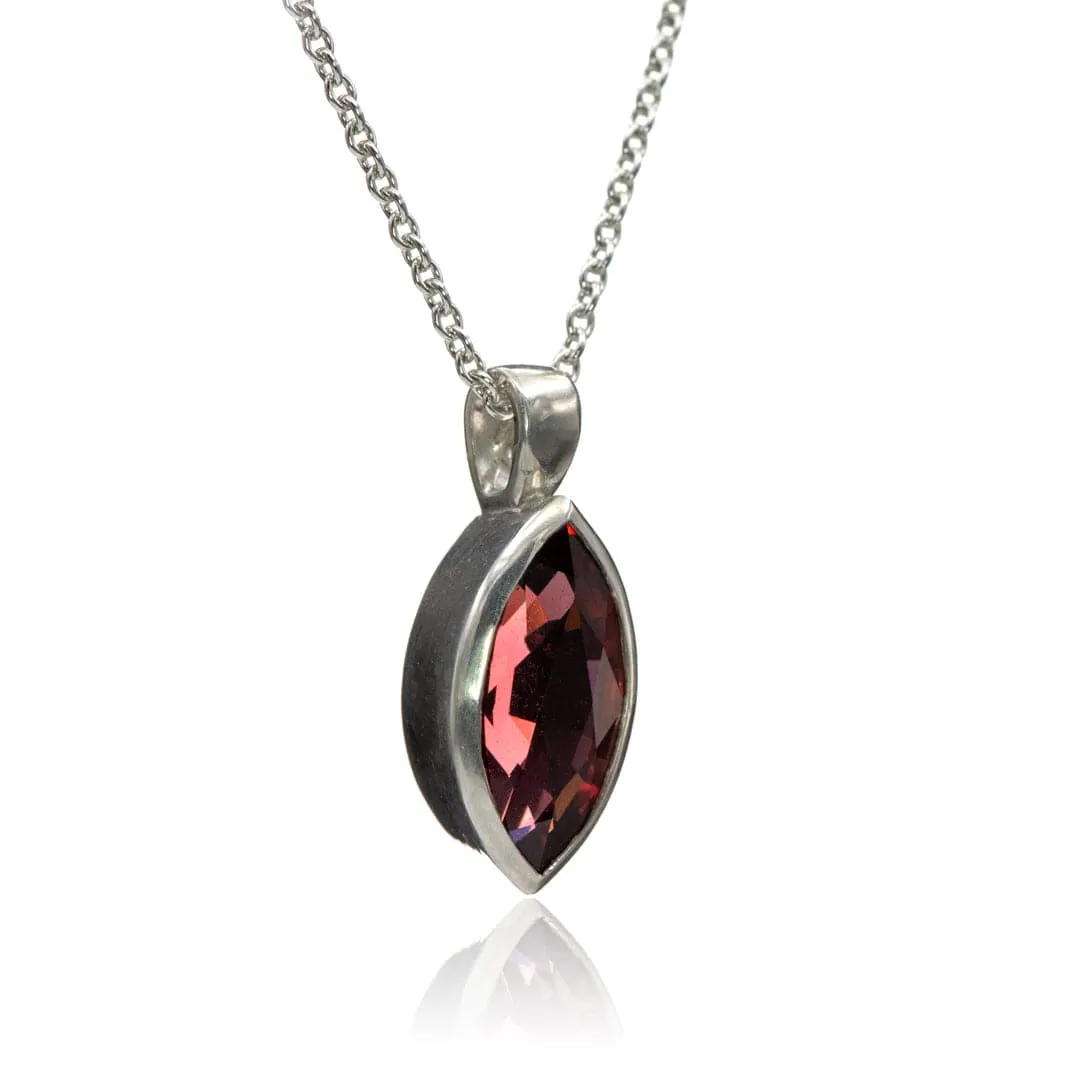 Marquise Garnet Sterling Silver Bezel Set Pendant Necklace, Ready to Ship