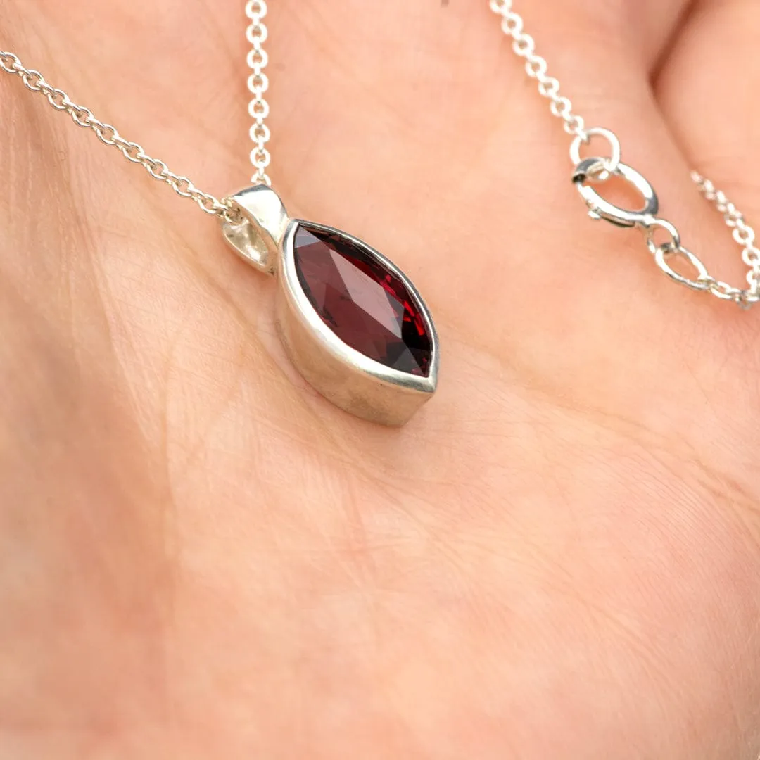 Marquise Garnet Sterling Silver Bezel Set Pendant Necklace, Ready to Ship