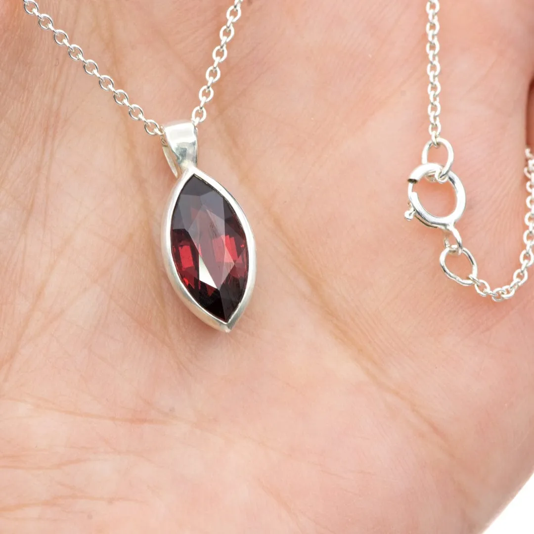 Marquise Garnet Sterling Silver Bezel Set Pendant Necklace, Ready to Ship