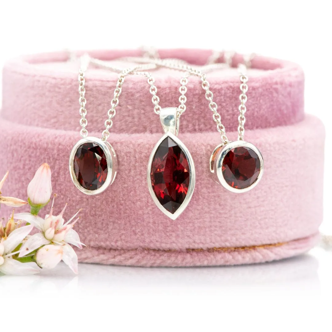 Marquise Garnet Sterling Silver Bezel Set Pendant Necklace, Ready to Ship