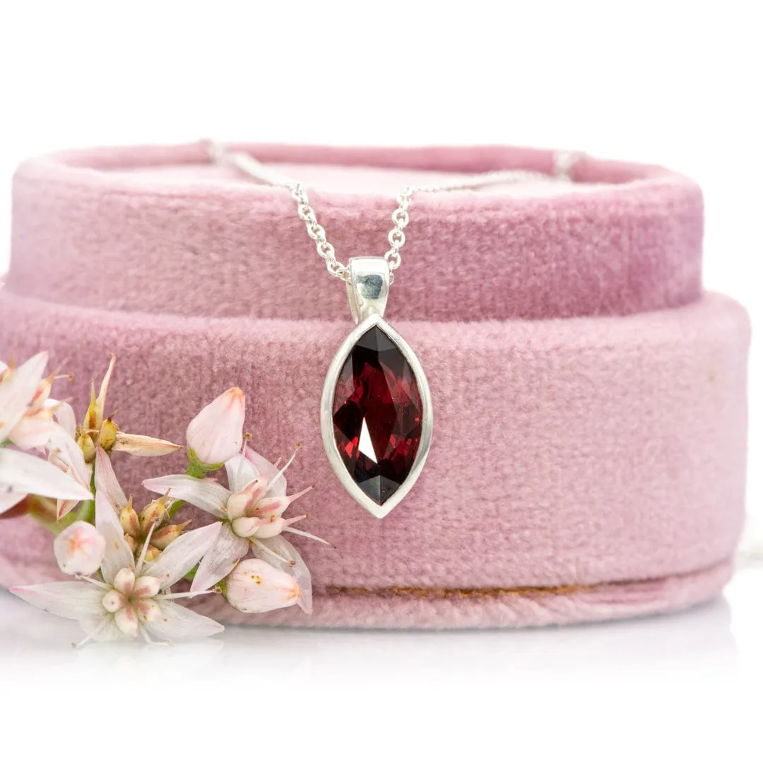 Marquise Garnet Sterling Silver Bezel Set Pendant Necklace, Ready to Ship