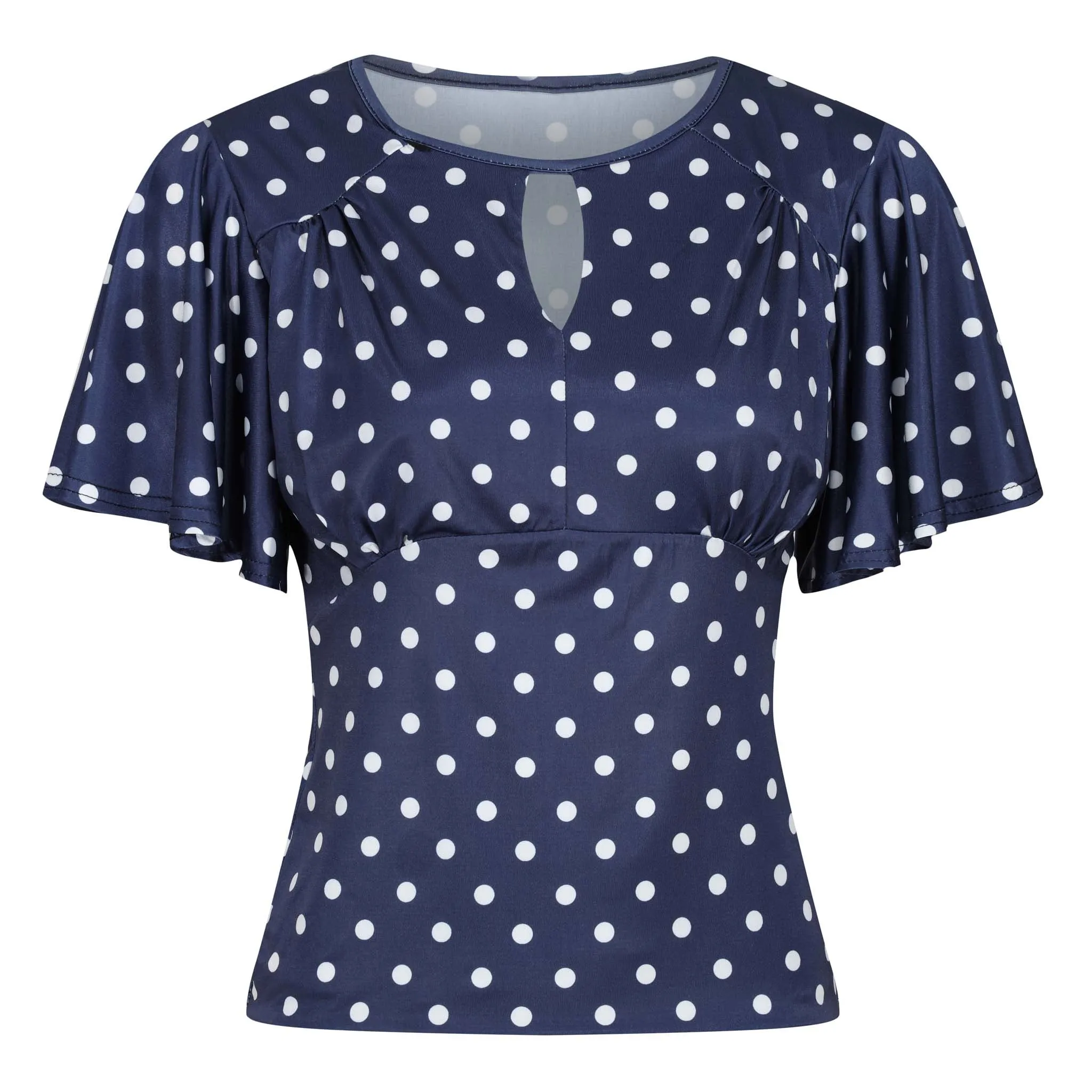 Navy White Polka Dot Waterfall Sleeve Top