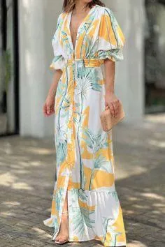 New Women's Clothing Printed Waist Puff Sleeve Long Dress Elegant V-neck Dress B-53482