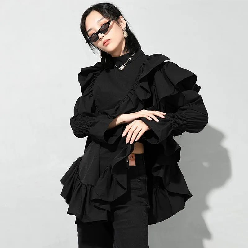 Okimi Asymmetrical Ruffle Long Sleeve Shirt - Black