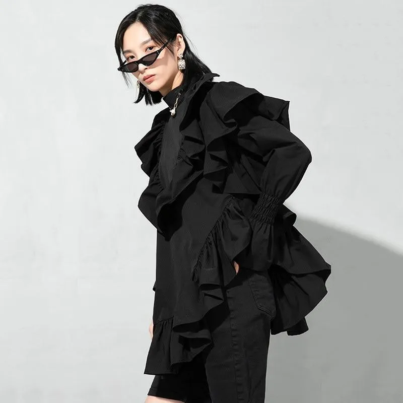 Okimi Asymmetrical Ruffle Long Sleeve Shirt - Black