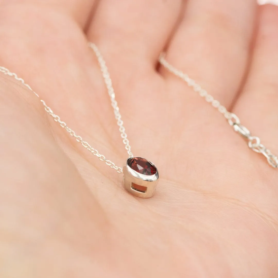 Oval Garnet Sterling Silver Slide Pendant Necklace